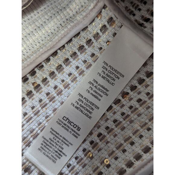 NWOT! CHICO'S! CREAM/TAN/TAUPE/GOLD MINI SEQUINS, LIGHTWEIGHT JACKET! SZ 10/12 - Picture 7 of 9